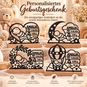 Gepersonaliseerd geboortecadeau – Geboortesouvenir met beukenhouten standaard | 3D geprint babycadeau | Cadeau geboorte & doop afbeelding 1