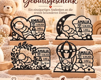 Regalo de nacimiento personalizado – Recuerdo de nacimiento con soporte de haya | Impresión 3D bebé | Regalo nacimiento y bautizo