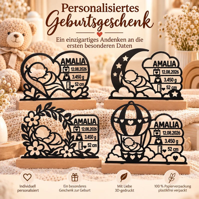 Gepersonaliseerd geboortecadeau – Geboortesouvenir met beukenhouten standaard | 3D geprint babycadeau | Cadeau geboorte & doop afbeelding 1