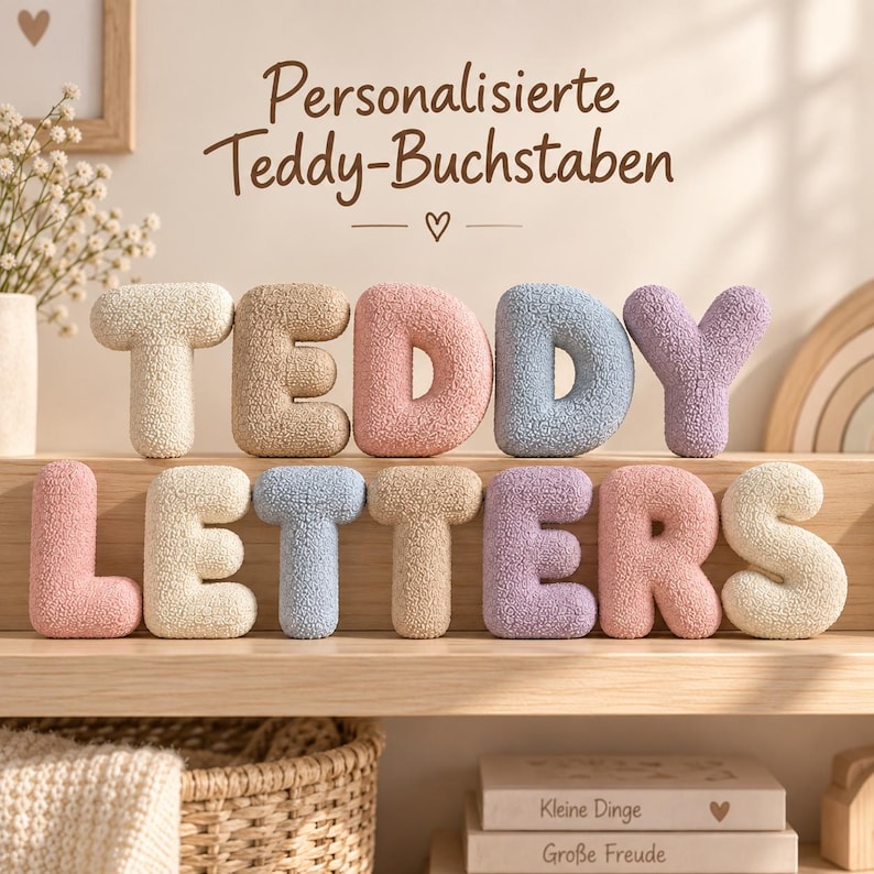 May include: Plush, textured, teddy-style fabric letters in cream, tan, pink, blue, and lavender colors. The letters spell out TEDDY LETTERS, arranged in two rows. The text above reads Personalisierte Teddy-Buchstaben with a small heart icon.