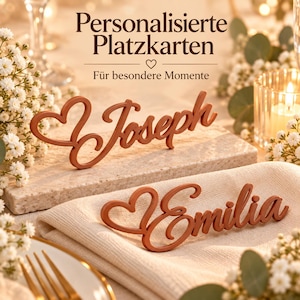 Personalized wedding place card with name and heart | 3D place card | Name tag napkin | Table decoration and wedding favor image 1