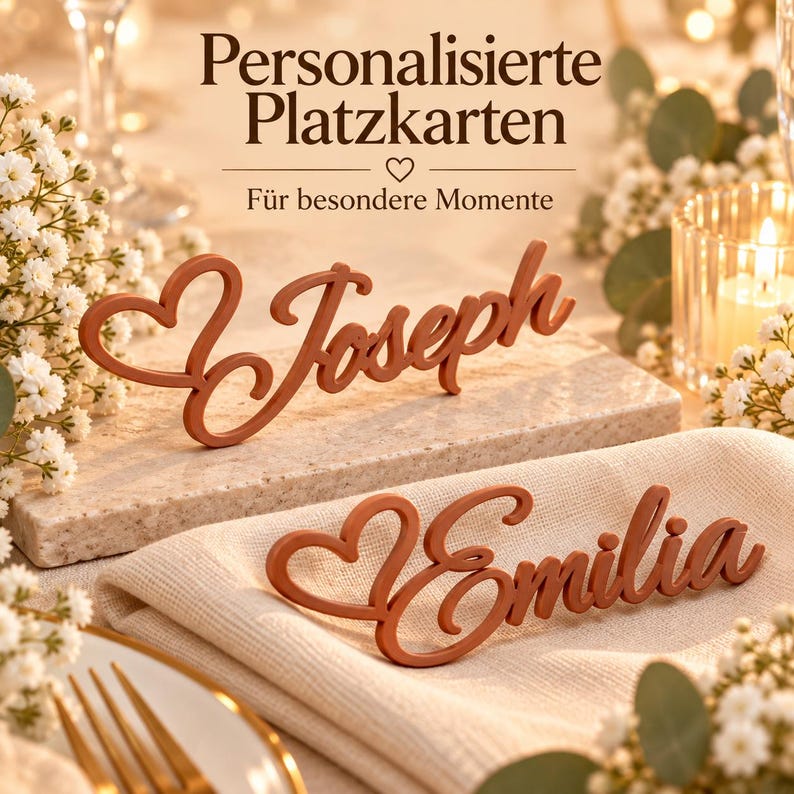 Personalized wedding place card with name and heart | 3D place card | Name tag napkin | Table decoration and wedding favor image 1