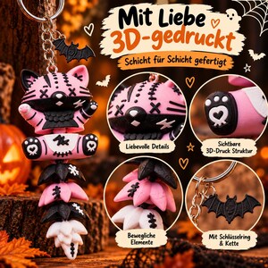 Halloween Katze Schlüsselanhänger | Bewegliche Flexi Katze mit Fledermaus-Anhänger image 7