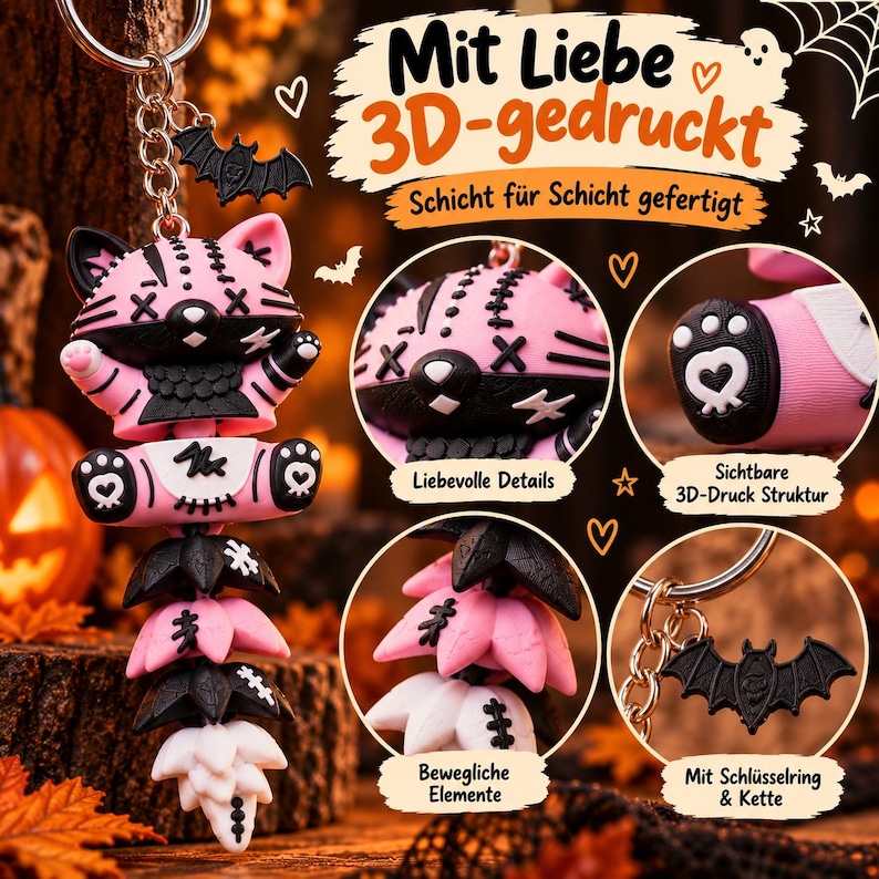 Halloween Katze Schlüsselanhänger | Bewegliche Flexi Katze mit Fledermaus-Anhänger image 7