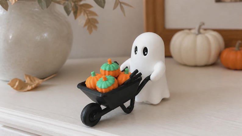 Ghost Halloween Decor | Spooky Wheelbarrow with Pumpkins image 1