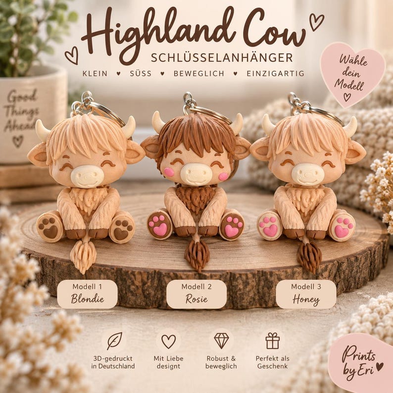Highland Cow Keychain Articulated | 3D Printed Flexi Cow | Gift for Cow Fans image 1