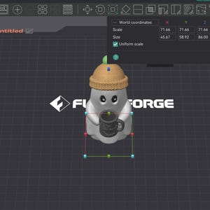 May include: A 3D digital model of a white ghost figure wearing a tan knit beanie with a green pom-pom, holding a dark gray mug. The software interface displays dimensions of 45.67 mm by 58.92 mm by 86.00 mm on a textured PEI plate background.