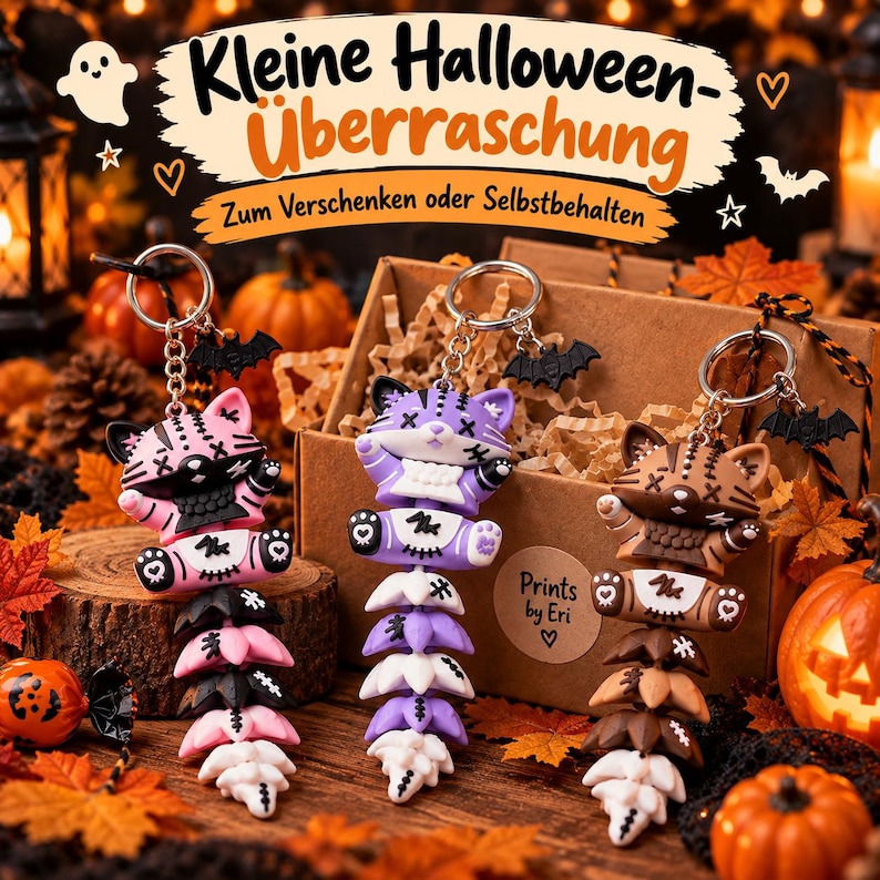 Halloween Katze Schlüsselanhänger | Bewegliche Flexi Katze mit Fledermaus-Anhänger image 6