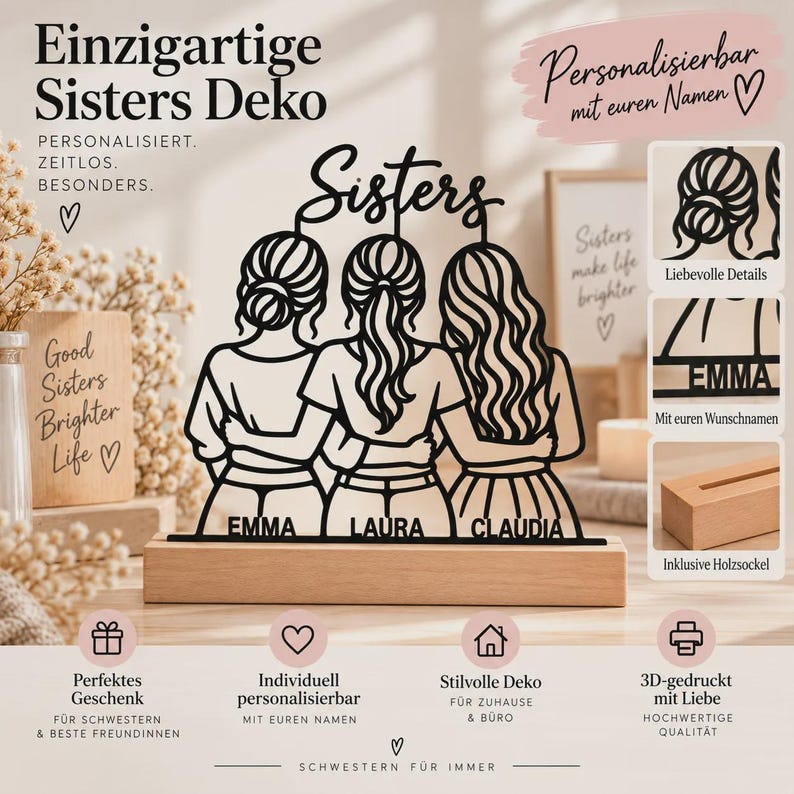 Personalized Sisters Decor | 3D Display with Names and Wooden Base | Sister Gift image 13
