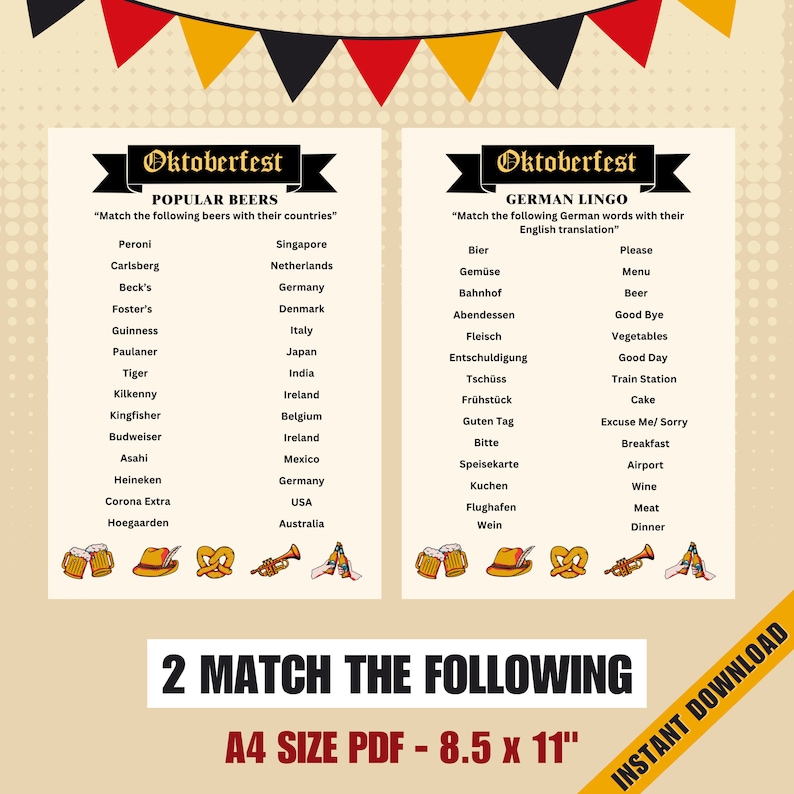 May include: A printable Oktoberfest game with two columns. The left column lists popular beers and their countries of origin. The right column lists German words and their English translations. The game is designed to be printed on an 8.5 x 11 inch sheet of paper.
