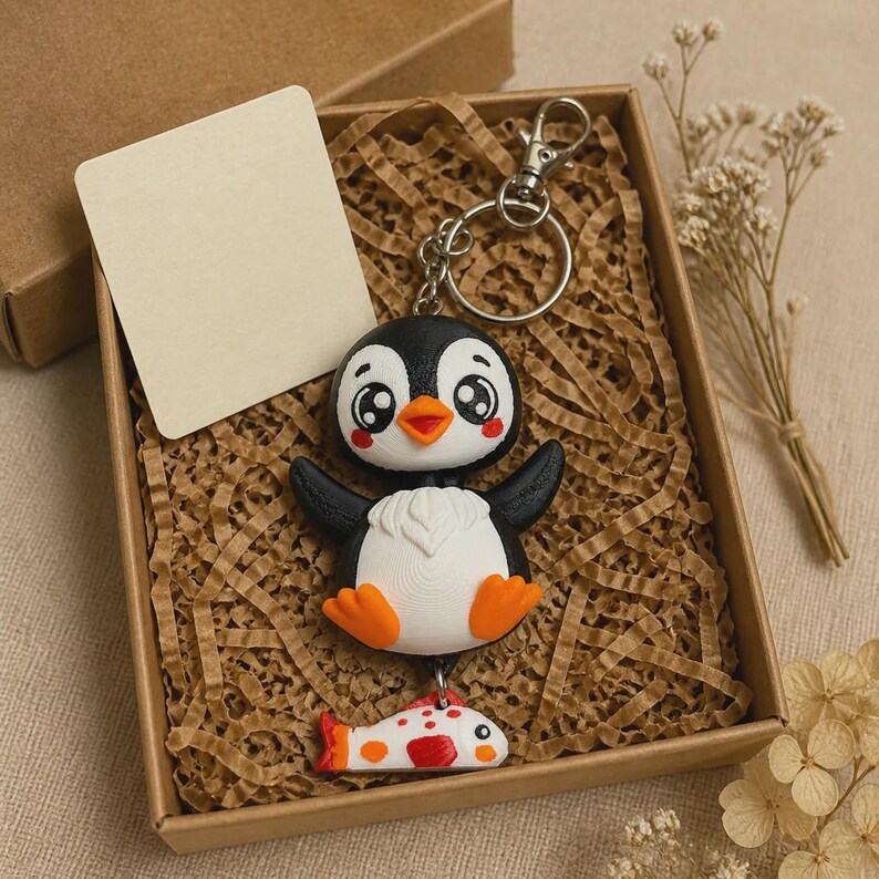 Penguin Keychain Kawaii | 3D Print Flexi Figure with Fish Pendant | Gift for Animal Lovers image 4