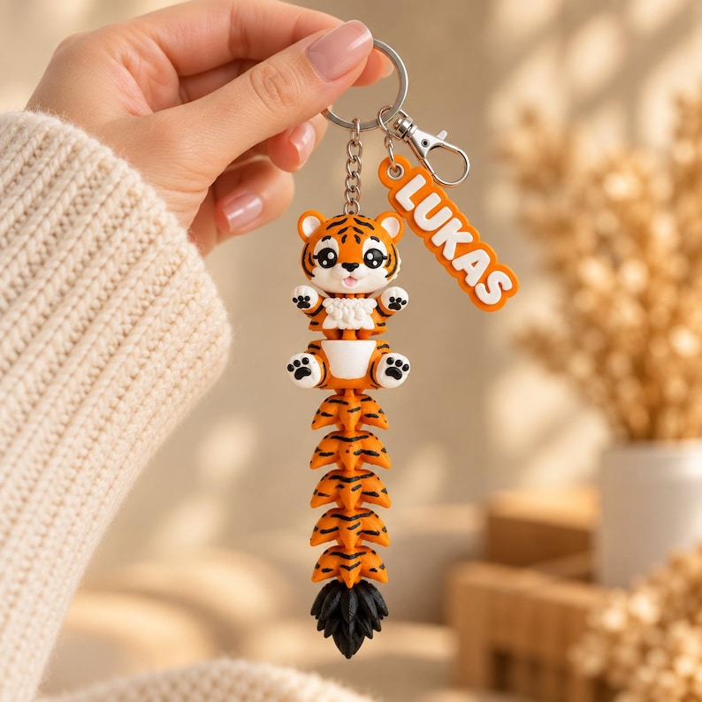 May include: A keychain featuring a cartoon tiger with orange and black stripes, a white belly, and a long articulated tail. Attached to the silver metal ring is a separate orange rectangular tag with the white embossed name LUKAS.