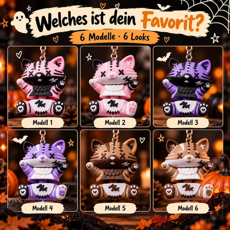 Halloween Katze Schlüsselanhänger | Bewegliche Flexi Katze mit Fledermaus-Anhänger image 3