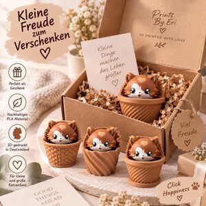 May include: A brown cardboard gift box containing three small 3D-printed brown and white cat figurines, each nestled in a unique textured planter. A card inside reads, "Kleine Dinge machen das Leben gr&ouml;&szlig;er," and the box lid features "Prints By Eri."