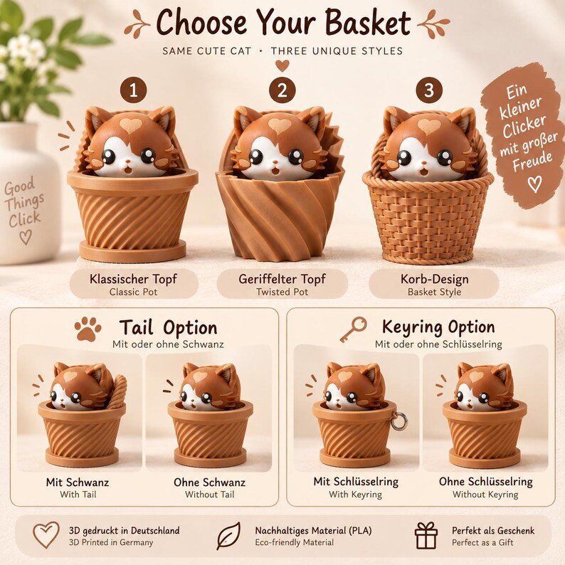 May include: Three brown and white cat figurines in different pots labeled Choose Your Basket. Options include a classic pot, twisted pot, and basket design. Features include tail or no tail, and keyring or no keyring options for the cat figures.