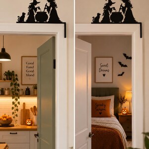 May include: A black metal door corner sign featuring a silhouette of two witches standing by a cauldron with a cat. The design is L-shaped to fit over the top corner of a door frame, showcasing detailed witch hats, flowing robes, and a bubbling pot.