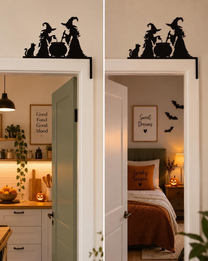 May include: A black metal door corner sign featuring a silhouette of two witches standing by a cauldron with a cat. The design is L-shaped to fit over the top corner of a door frame, showcasing detailed witch hats, flowing robes, and a bubbling pot.
