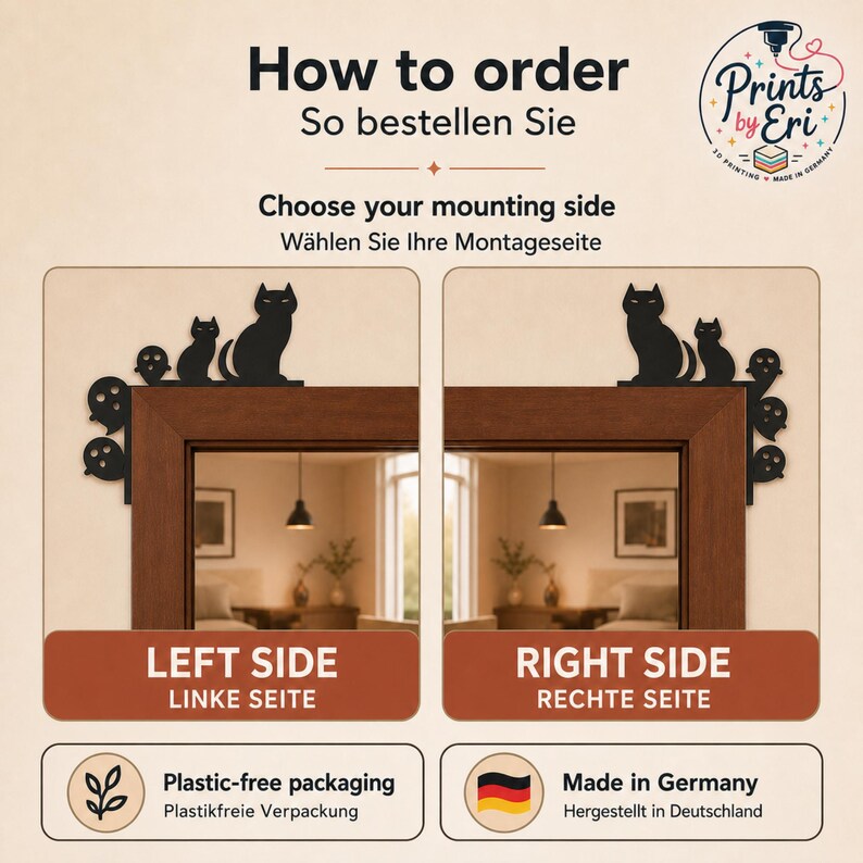 May include: A black cat and ghost themed door corner decoration with text reading How to order, Choose your mounting side, Left side, Right side, Plastic-free packaging, and Made in Germany. The design features two cats and three ghosts.