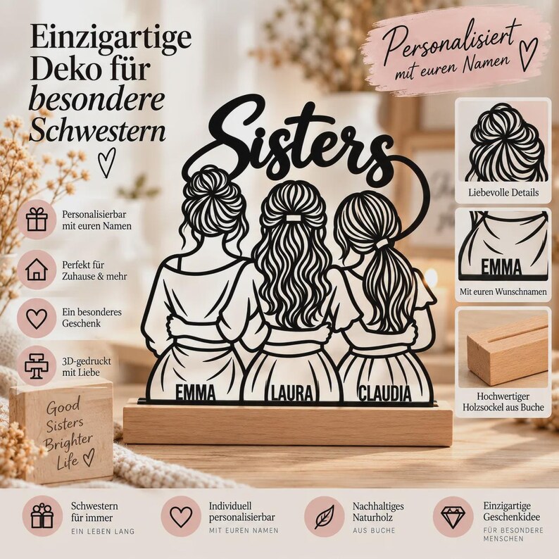 Personalized Sisters Decor | 3D Display with Names and Wooden Base | Sister Gift image 14