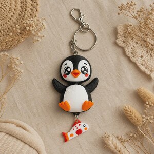 Penguin Keychain Kawaii | 3D Print Flexi Figure with Fish Pendant | Gift for Animal Lovers image 10