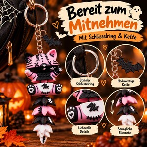 Halloween Katze Schlüsselanhänger | Bewegliche Flexi Katze mit Fledermaus-Anhänger image 8