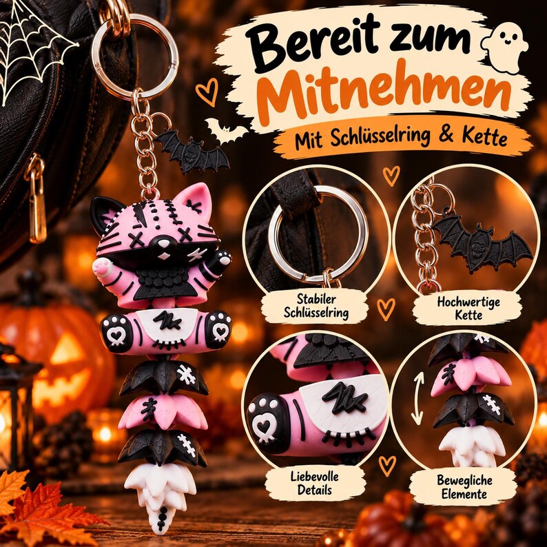 Halloween Katze Schlüsselanhänger | Bewegliche Flexi Katze mit Fledermaus-Anhänger image 8