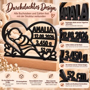 Gepersonaliseerd geboortecadeau – Geboortesouvenir met beukenhouten standaard | 3D geprint babycadeau | Cadeau geboorte & doop afbeelding 5