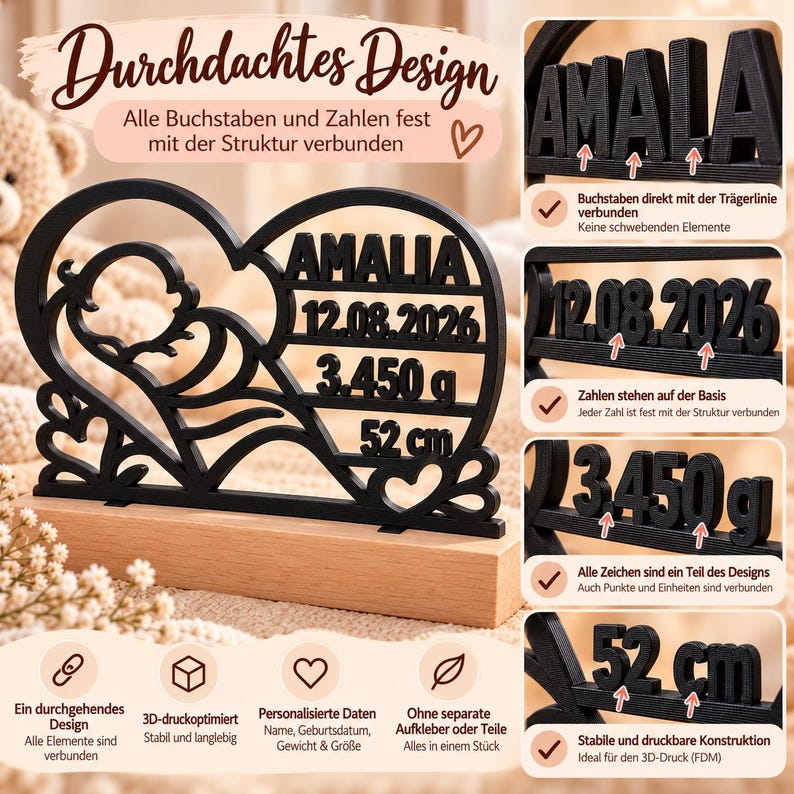 Gepersonaliseerd geboortecadeau – Geboortesouvenir met beukenhouten standaard | 3D geprint babycadeau | Cadeau geboorte & doop afbeelding 5