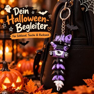 Halloween Katze Schlüsselanhänger | Bewegliche Flexi Katze mit Fledermaus-Anhänger image 5