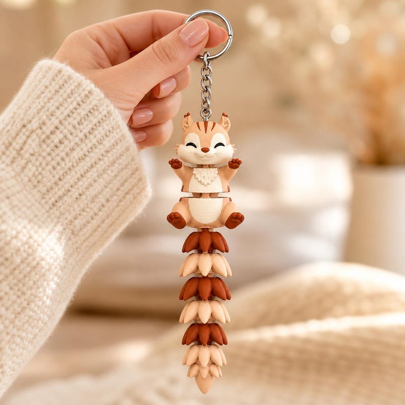 Squirrel Keychain Movable | 3D Print Flexi Figure with Curly Tail | Gift for Animal Lovers image 2
