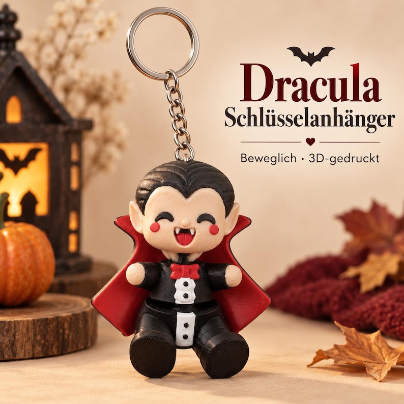 Dracula Movable Keychain | 3D Printed Flexible Vampire Figure | Halloween Gift image 1