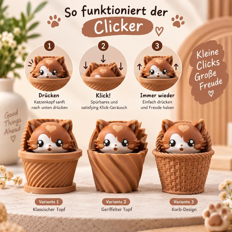 May include: A brown and white cat-shaped clicker toy shown in three base styles: a classic pot, a ribbed pot, and a woven basket design. The image includes instructional text in German explaining how to press the cat head to produce a clicking sound.