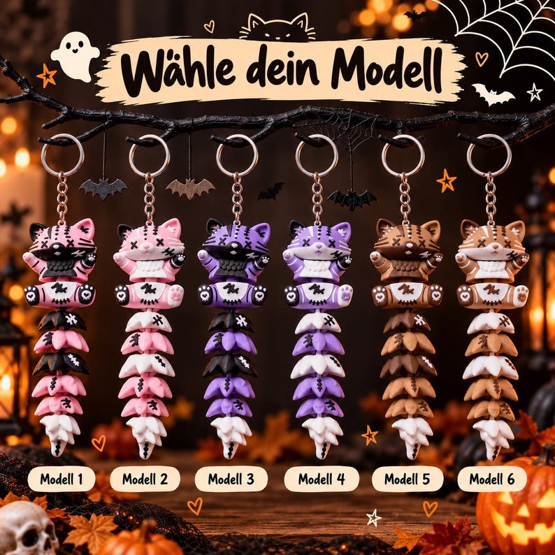Halloween Katze Schlüsselanhänger | Bewegliche Flexi Katze mit Fledermaus-Anhänger image 2