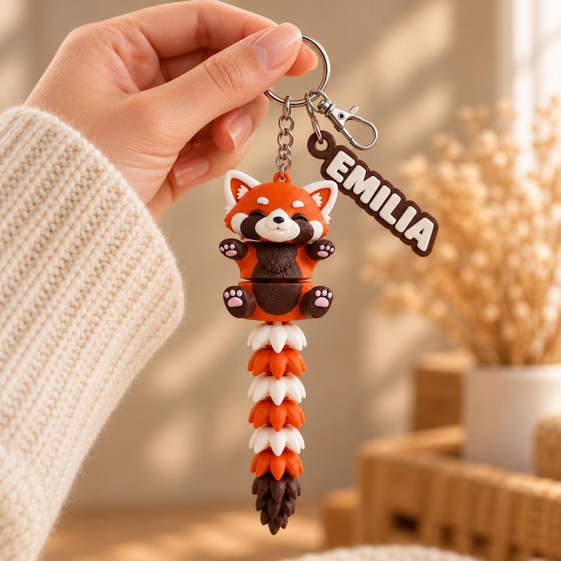 May include: A red panda keychain featuring a cartoon red panda figure with a long, articulated, segmented tail in alternating orange and white colors, ending in a dark brown tip. A separate brown tag with the white text EMILIA is attached.
