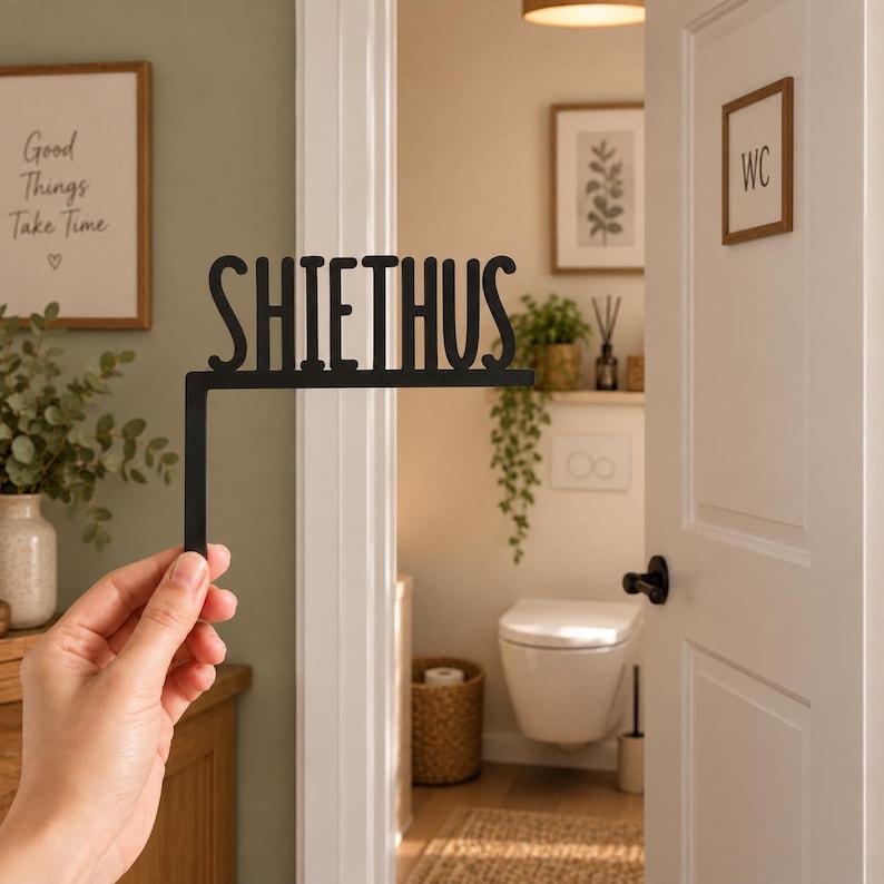 May include: A black metal L-shaped sign featuring the word SHIETHUS in a stylized, rounded sans-serif font. The sign is designed to be mounted on the corner of a door frame, with the text extending horizontally from a vertical mounting bracket.