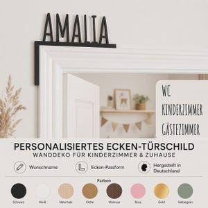 May include: A black, L-shaped corner door sign featuring the name AMALIA in a sans-serif font. The sign is designed to mount on the top corner of a door frame. The product is displayed with text options including WC, KINDERZIMMER, and G&Auml;STEZIMMER.