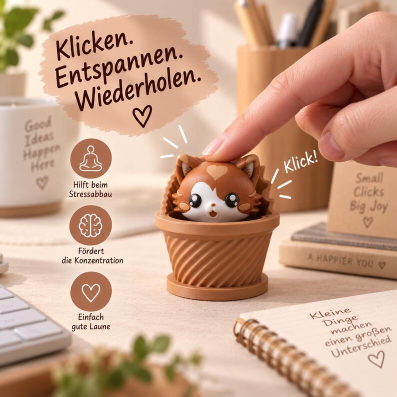 May include: A brown and white cat-shaped fidget toy inside a brown, ribbed, pot-like base. The toy features large black eyes and a small mouth. Text on the image includes: Klicken. Entspannen. Wiederholen., Hilft beim Stressabbau, F&ouml;rdert die Konzentration, Einfach gute Laune, Klick!, Small Clicks Big Joy, and Kleine Dinge machen einen gro&szlig;en Unterschied.