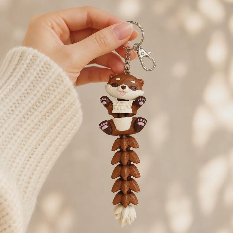 Otter Keychain Movable | 3D Print Otter Figure with Curly Tail | Gift for Animal Lovers image 2