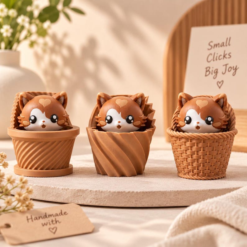May include: Three small brown and white cat figurines with heart-shaped markings on their foreheads, each nestled in a distinct brown container: a spiral-textured pot, a twisted cup, and a woven basket. A card reads Small Clicks Big Joy.