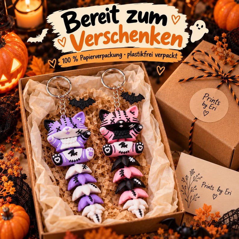 Halloween Katze Schlüsselanhänger | Bewegliche Flexi Katze mit Fledermaus-Anhänger image 9