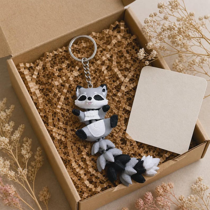 Raccoon Keychain Movable | 3D Print Flexi Figure with Curly Tail | Gift for Animal Lovers image 3
