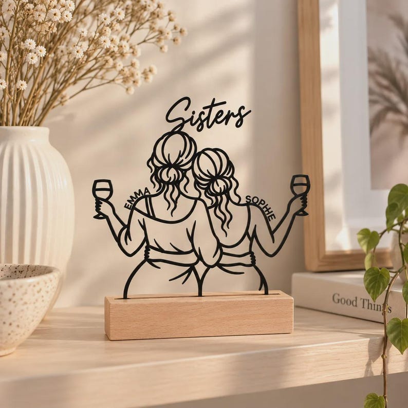 Personalized Sisters Decor | 3D Display with Names and Wooden Base | Sister Gift image 1