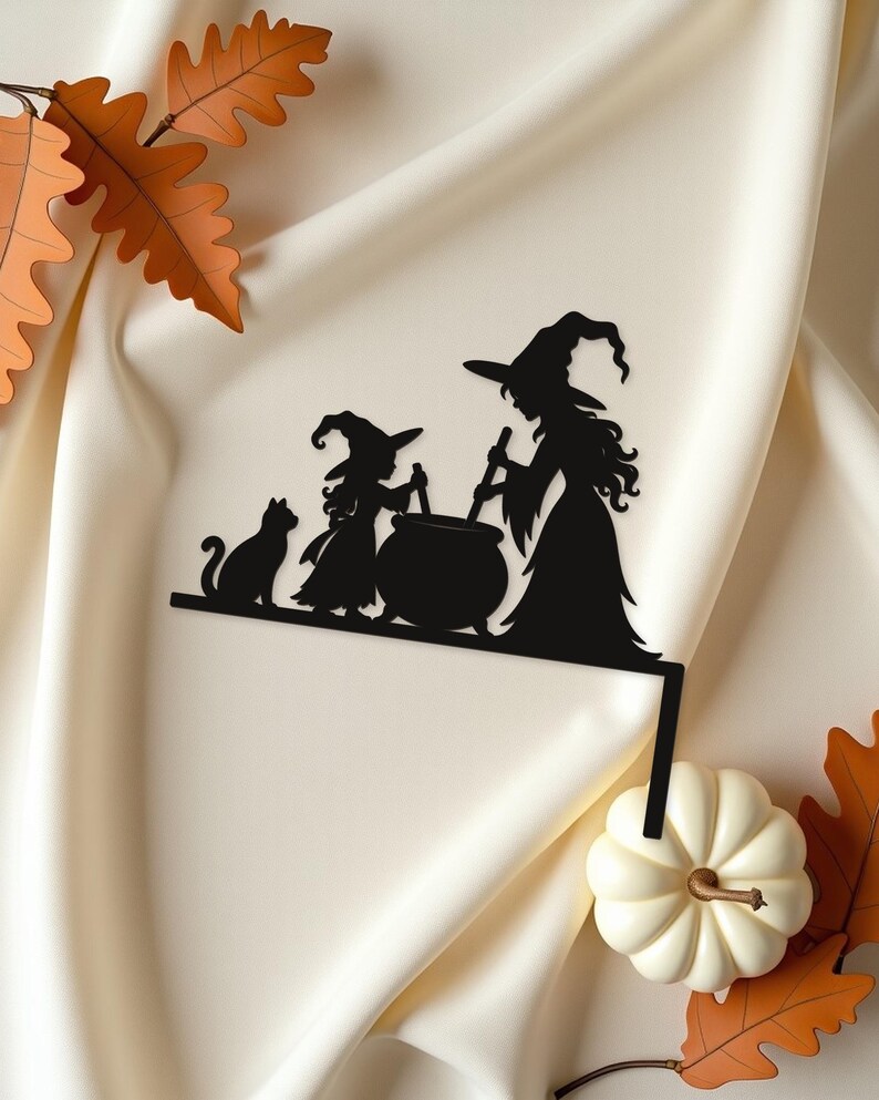 Halloween Door Decor Witch & Witch Child with Cauldron | Black Spooky Decor (20x20cm) image 3