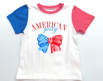 T-shirt retrò USA Color Block, T-shirt American Girly Color Block, americana, quarto di luglio, 4, estate, periodo estivo, blocco di colore, 4 luglio, vacanze