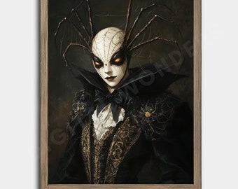 Viktorianische Gothic Spinne Portrait digitale Wandkunst, Halloween gruselige Spinne Vintage Kunst Dekor, Dark Academia, Instant Download Printables