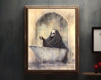 Funny Skeleton Drinking Wine in Bathtub, Halloween Bathroom Wall Art Decor, Vintage Style, Halloween Poster, Digital Instant Download