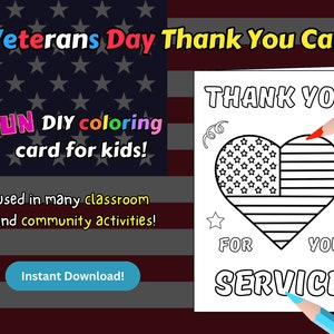 Memorial Day Thank You Card, Gift for Veterans, Veterans Day Kids Coloring Card Craft, Fun DIY Activity for Veterans PDF Instant Download