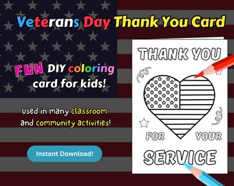 Tarjeta de agradecimiento del Día de los Veteranos, actividad para colorear para niños (descarga instantánea en PDF)