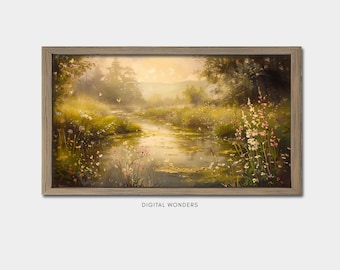 Spring Creek Vintage Oil Painting, Butterflies, Flowers (Digital Download)