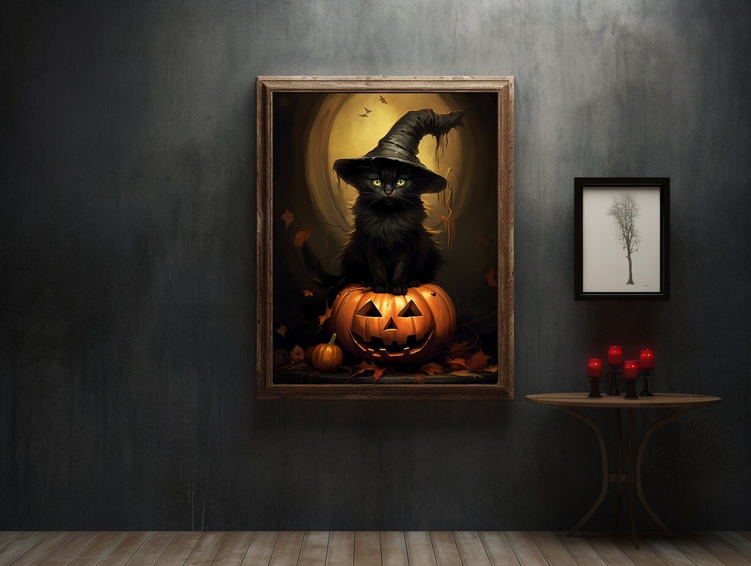 Gothic Cute Black Cat Pumpkin, Rustic Vintage Style Wall Art Printable ...